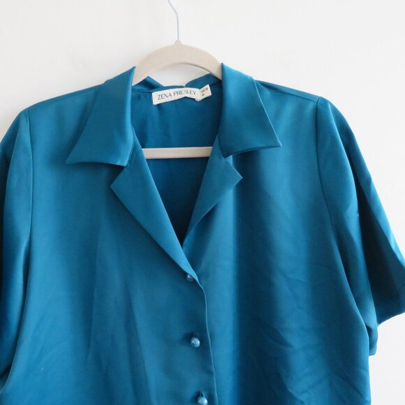 ZENA PRESLEY Teal Satin Drapey Button Front Shirt Top Mob Wives - Women's Size M - Picture 3 of 11